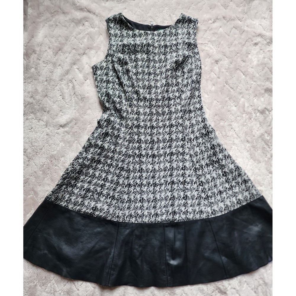 Lauren Ralph Lauren Black White Tweed A-Line Dress Leather Trim Womens 2